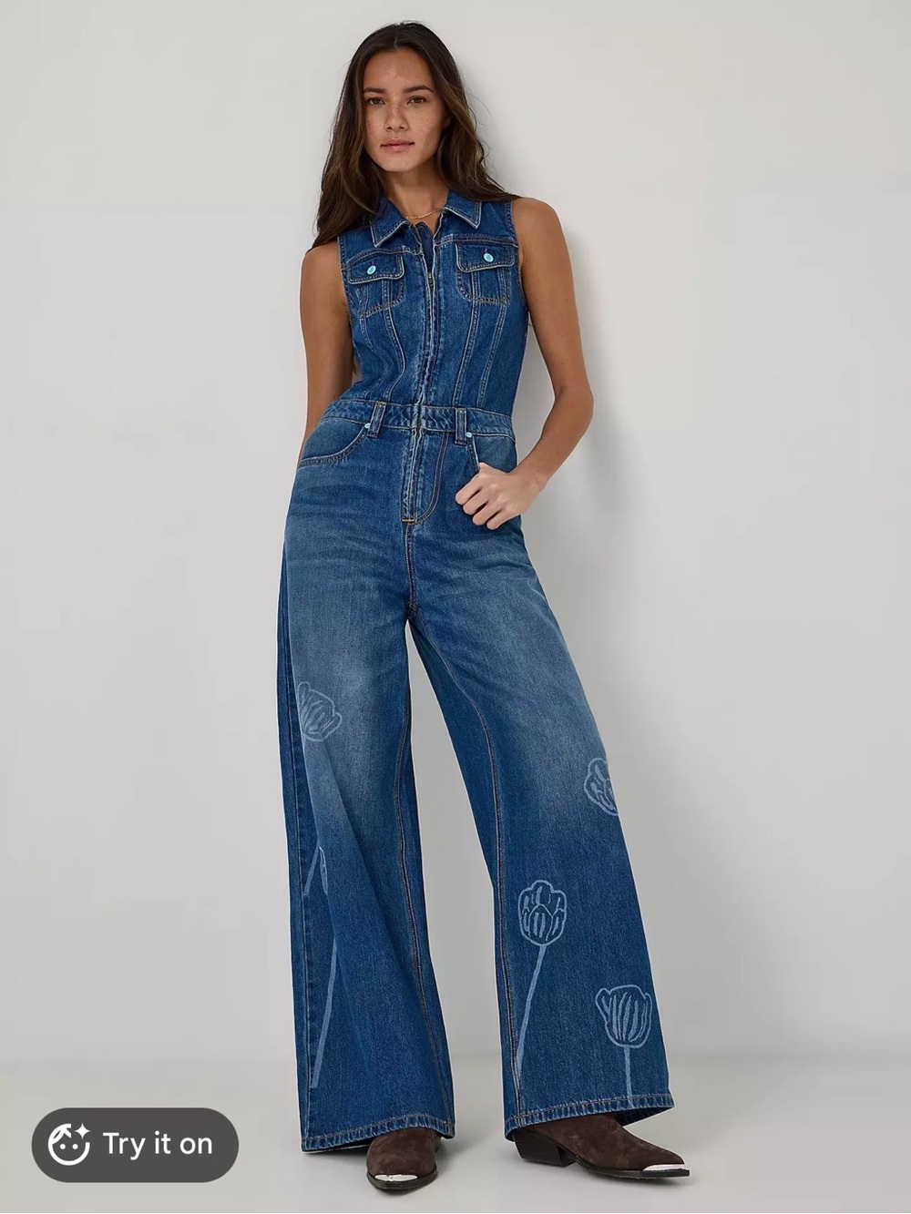 Lee x Ruohan Wang Blue Denim Wide-Leg Jumpsuit with Floral Embroidery size S NWT